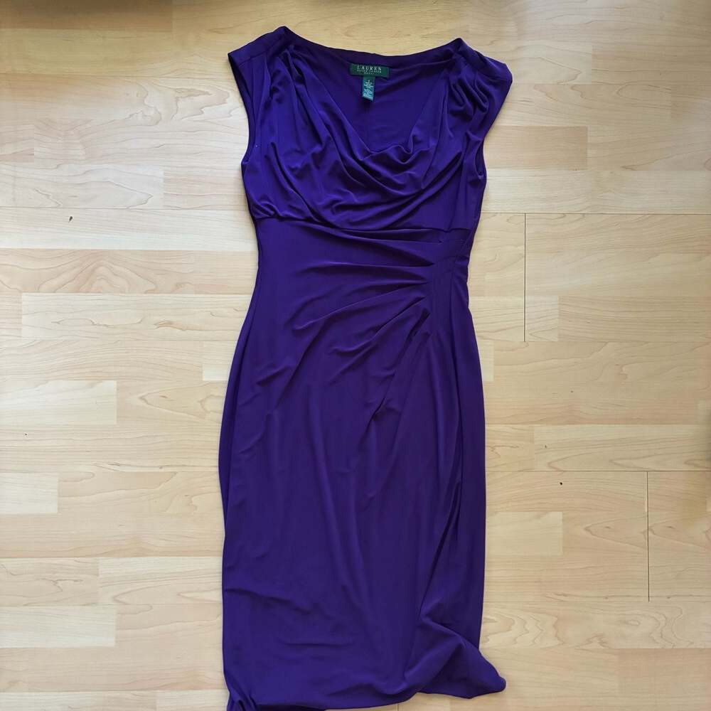Lauren Ralph Lauren Purple Cap Sleeve Cowl Neck Ruched Sheath Dress 4